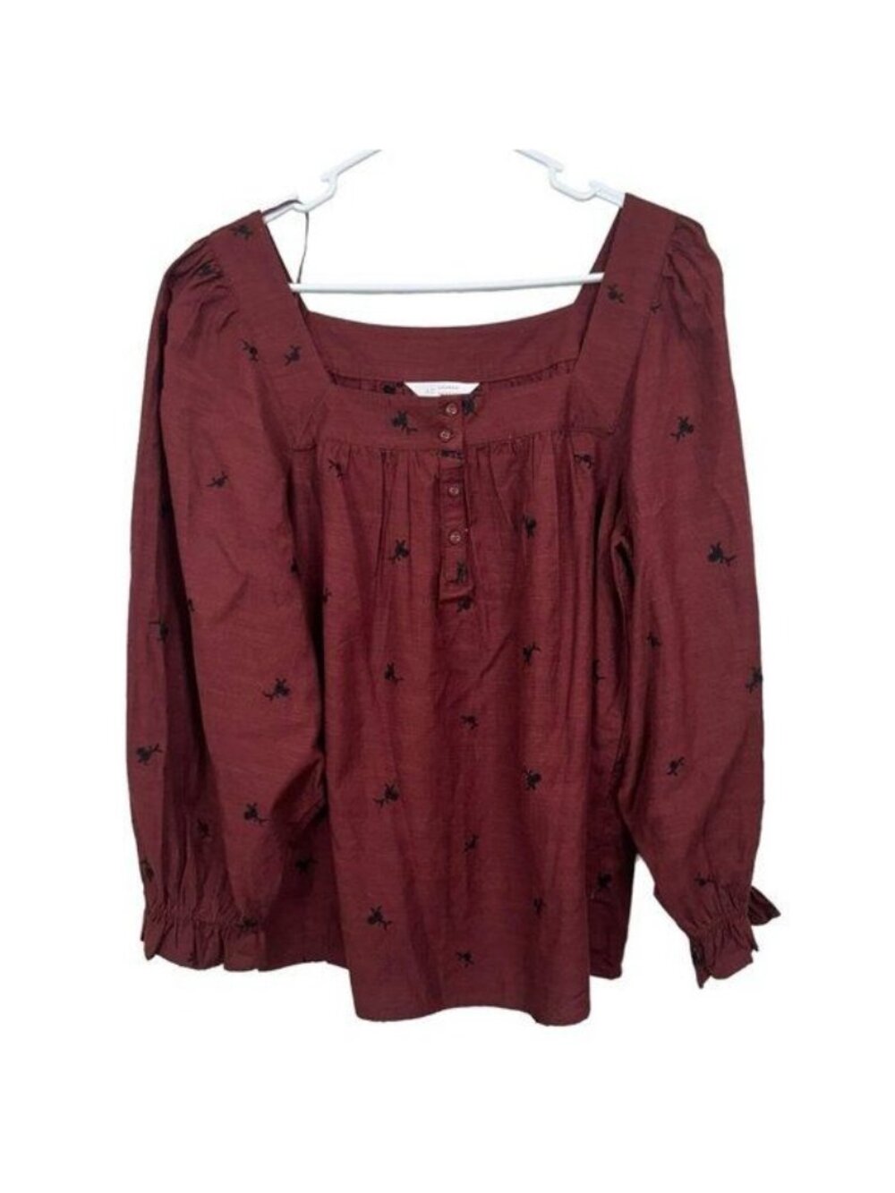 Lauren Conrad Women SZ M Square Neck Embroidered Long Sleeve Blouse Maroon